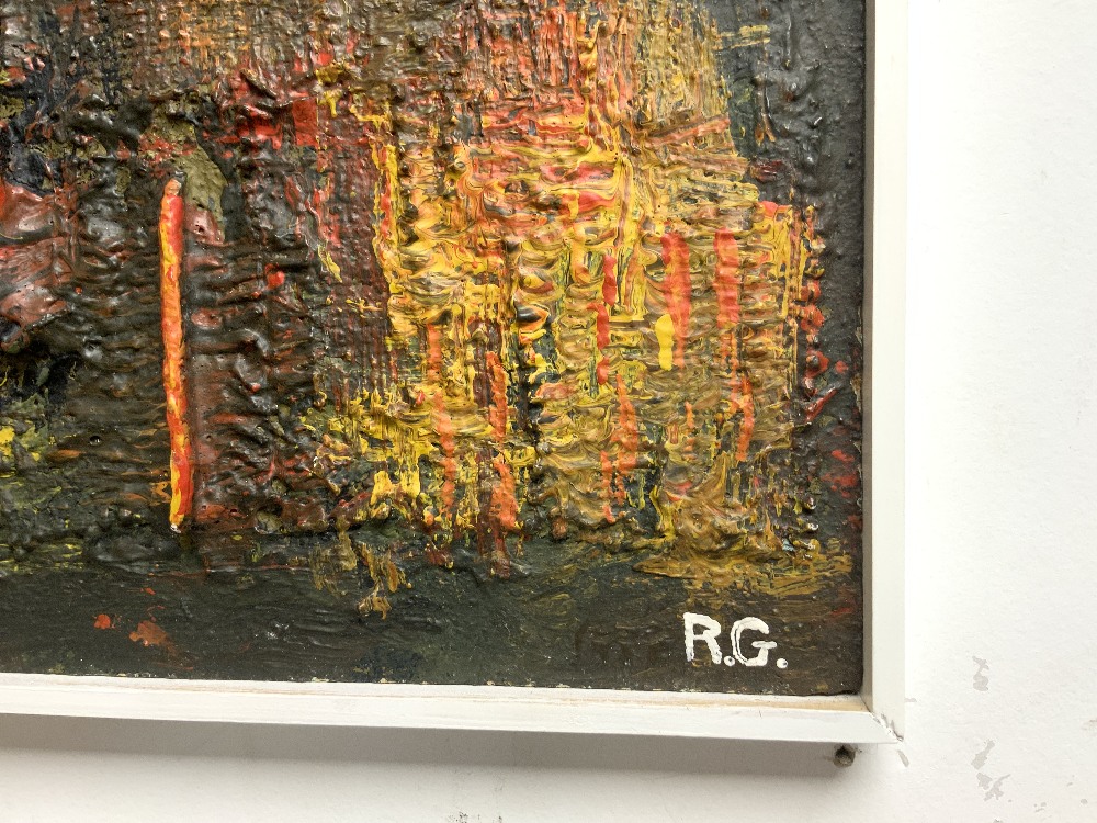 A 1960s ABSRACT OIL ON BOARD, MONOGRAMED R.G., 92X47. - Image 2 of 4
