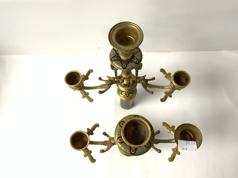 PAIR OF ENAMEL AND BRASS PART CANDELABRAS 28CM - Image 2 of 3