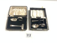 TWO SETS OF HALLMARKED SILVER BABY FEEDING SPOONS AND PUSHERS. CASED. 88 GRAMS.