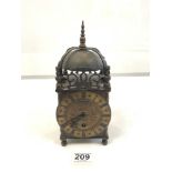 ENGLISH BRASS LANTERN CLOCK, WITH CHAPTERED DIAL WITH ROMAN NUMERALS, 20 CMS.