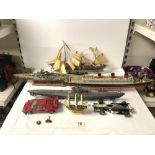 MODEL OF A SAILING SHIP, 40 CMS, MODEL OF THE BISMARK, AND THE RMS QUEEN MARY, A SUBMARINE AND TWO
