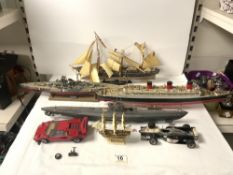 MODEL OF A SAILING SHIP, 40 CMS, MODEL OF THE BISMARK, AND THE RMS QUEEN MARY, A SUBMARINE AND TWO