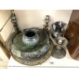 TWO ORIENTAL BRASS DISHES WITH FOLDING BRASS STANDS, A BRASS WALL PLAQUE, PAIR OF OAK TWIST