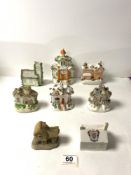 EIGHT PORCELAIN AND POTTERY COTTAGES, INCLUDES STAFFORDSHIRE PASTILLE BURNERS.