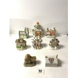 EIGHT PORCELAIN AND POTTERY COTTAGES, INCLUDES STAFFORDSHIRE PASTILLE BURNERS.