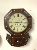 A VICTORIAN ROSEWOOD MOTHER OF PEARL INLAID OCTAGONAL WALL CLOCK, WITH PAINTED DIAL, BY E.N.