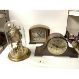 A GERMAN BRASS CLOCK UNDER GLASS DOME, MAKER - KIENINGER & OBERGFELL, AND ART DECO WALNUT MANTLE