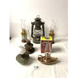 A GERMAN TIN OIL LAMP, A SALCO ALADDINS LAMP IN BOX, PAIR OIL LAMPS WITH ATLAS DECORATION, TWO OTHER