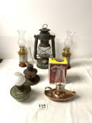 A GERMAN TIN OIL LAMP, A SALCO ALADDINS LAMP IN BOX, PAIR OIL LAMPS WITH ATLAS DECORATION, TWO OTHER