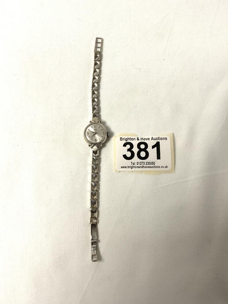 A LADIES TUDOR ROYAL 9CT 375 WHITE GOLD WRIST WATCH WITH ROLEX STRAP AND CROWN BUTTON.