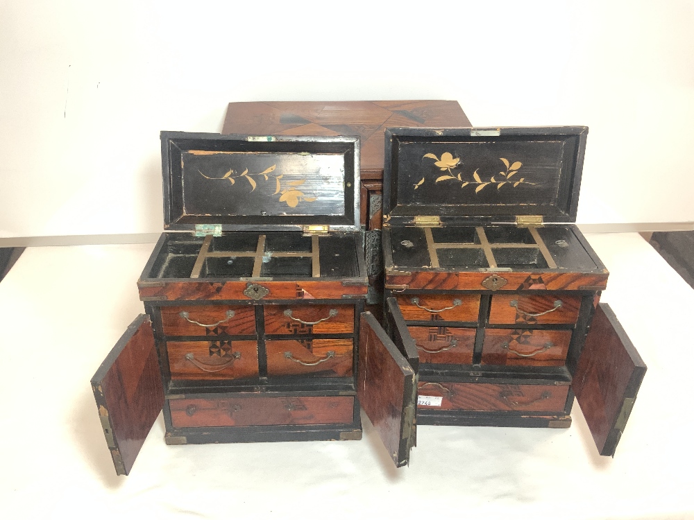 THREE JAPANESE PARQUETRY AND LACQUER DECORATED TABLETOP CABINETS, 32X22X24, LARGEST. - Image 2 of 8