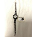 A 925 SILVER, BLACK ENAMEL AND MARCASITE LADIES WRISTWATCH, WITH A QUARTZ MOVEMENT.