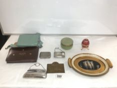 TWO SILVER-PLATED LADIES PURSES, A SILVER-PLATED CIGARETTE CASE, POACHING PLAQUE, DECORATIVE TRAY,