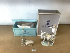 LLADRO FIGURE; HONEY PEDDLER, AND A LLADRO DONKEY WITH FLORAL DECORATION.