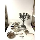 A SILVER PLATED FIVE BRANCH CANDELABRUM, 40CMS, SILVER PLATED COASTER, TOAST RACK, TEA POT AND OTHER