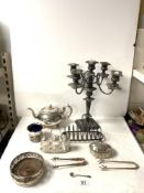 A SILVER PLATED FIVE BRANCH CANDELABRUM, 40CMS, SILVER PLATED COASTER, TOAST RACK, TEA POT AND OTHER