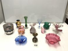 A CRANBERRY GLASS RIBBON BOWL, A GREEN GLASS AND SILVER RESIST VASE, AND OTHER MIXED GLASSWARE.