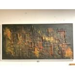 A 1960s ABSRACT OIL ON BOARD, MONOGRAMED R.G., 92X47.