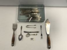 A SET OF TWELVE MOTHER OF PEARL HANDLED KNIVES AND FORKS, PAIR OF FISH SERVERS, A HALLMARKED