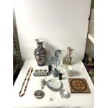 IMARI DESIGN VASE, 30 CMS, A QUIMPER CERAMIC THREE PIECE CRUET SET, BISQUE FIGUREINE AND MORE