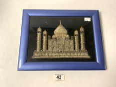 A FRAMED STUDY OF THE TAJ MAHAL IN SIVER THREAD, 27 X 19.