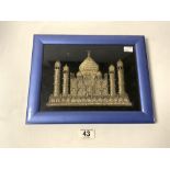 A FRAMED STUDY OF THE TAJ MAHAL IN SIVER THREAD, 27 X 19.