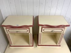 PAIR FRENCH DE TONGE BEDSIDE CHESTS IN CREAM AND DEEP RED