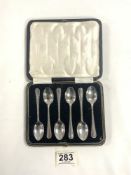 A SET OF SIX HALLMARKED SILVER BEADED EDGE TEASPOONS, SHEFFIELD 1966, MAKER; COOPER BROS, CASED.