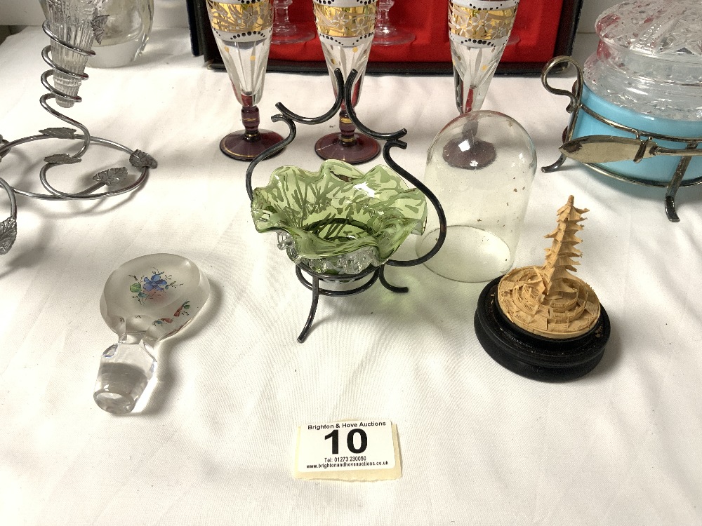 A SET OF SIX BRANDY GLASSES IN BOX, A PLATED AND GLASS 3 BRANCH EPERGNE, AND OTHER GLASSWARE. - Image 2 of 8