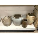 FOUR GLAZED AND UNGLAZED STONEWARE POTS, 32CMS.