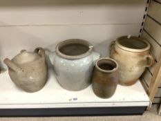 FOUR GLAZED AND UNGLAZED STONEWARE POTS, 32CMS.