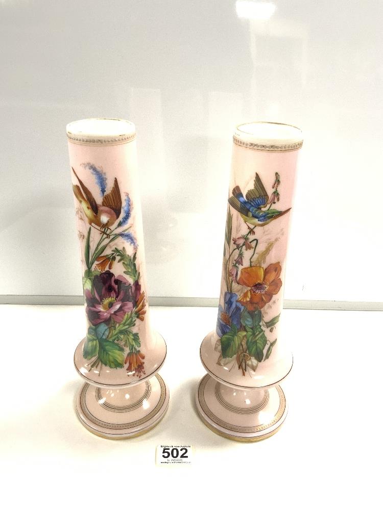 PAIR OF PINK GLASS VASES GILDED AND DECORATED WITH BIRDS AND FLOWERS 34CM