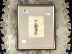 A SMALL SEPIA WATERCOLOUR WASH STUDY OF A BOY, MONOGRAMED EIH, POSSIBLE EDWARD IRVINE HALLIDAY,