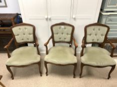THREE REPRODUCTION FRENCH STYLE SHOWOOD ARMCHAIRS.