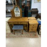 DUCAL PINE DRESSING TABLE WITH MATCHING MIRROR, STOOL AND MATCHING THREE DRAWER BEDSIDE CHEST