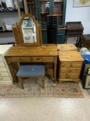 DUCAL PINE DRESSING TABLE WITH MATCHING MIRROR, STOOL AND MATCHING THREE DRAWER BEDSIDE CHEST