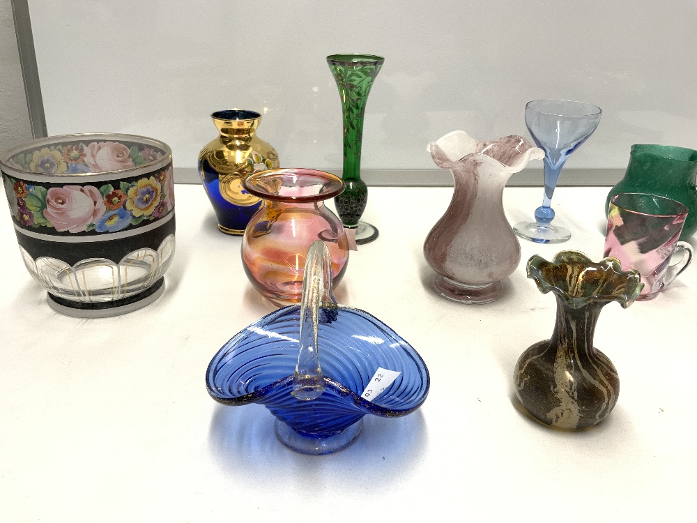 A CRANBERRY GLASS RIBBON BOWL, A GREEN GLASS AND SILVER RESIST VASE, AND OTHER MIXED GLASSWARE. - Image 2 of 4