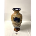 A ROYAL DOULTON GLAZED STONEWARE BALUSTER SHAPE VASE WITH TUBE LINED FLORAL DECORATION, BY ETHEL