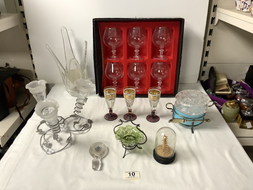 A SET OF SIX BRANDY GLASSES IN BOX, A PLATED AND GLASS 3 BRANCH EPERGNE, AND OTHER GLASSWARE.