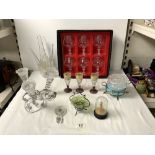 A SET OF SIX BRANDY GLASSES IN BOX, A PLATED AND GLASS 3 BRANCH EPERGNE, AND OTHER GLASSWARE.