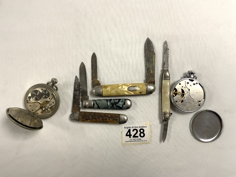 A LIMIT PLATED POCKET WATCH, INGERSOLL POCKET WATCH, AND THREE POCKET KNIVES. - Image 5 of 8