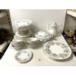 ROYAL ALBERT BONE CHINA SILVER MAPLE 26 PIECE PART DINNER AND TEA, COFFEE POT SET AND FOUR WEDGEWOOD