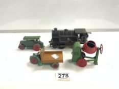 A HORNBY ELECTRIC TYPE 40 LOCOMOTIVE, A DINKY STEAM ROLLER, A DINKY MOTOR CART AND A CEMENT MIXER.