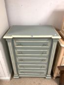 A DE TONGE FRENCH MADE BLUE AND WHITE PAINTED 5 DRAWER CHEST OF DRAWERS, 78X48X100 CMS.