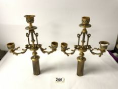 PAIR OF ENAMEL AND BRASS PART CANDELABRAS 28CM