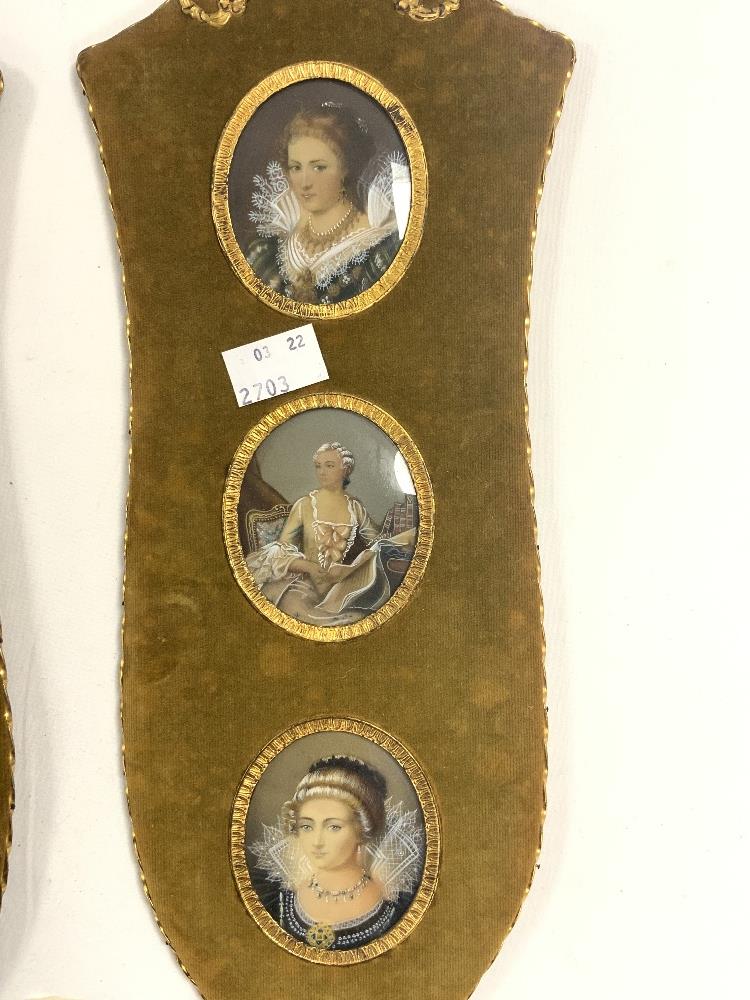 A PAIR OF TRIPLE OVAL HAND PAINTED PORTRAIT MINATURES OF LADIES, FRAMED IN GILT METAL ON VELVET. - Image 3 of 4
