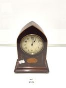 EDWARDIAN INLAID MAHOGANY LANCET SHAPE MANTEL CLOCK, 24 CMS.