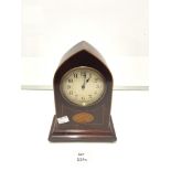 EDWARDIAN INLAID MAHOGANY LANCET SHAPE MANTEL CLOCK, 24 CMS.