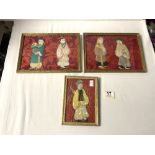 THREE ORIENTAL SILK PICTURES OF FIGURES, IN FRAMES, 27 X 19 CM.
