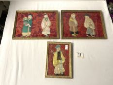 THREE ORIENTAL SILK PICTURES OF FIGURES, IN FRAMES, 27 X 19 CM.